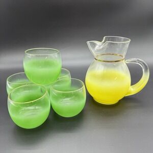 Vintage Blendo Retro Pitcher & 5 Roly Poly Glasses Frosted Green Yellow MCM